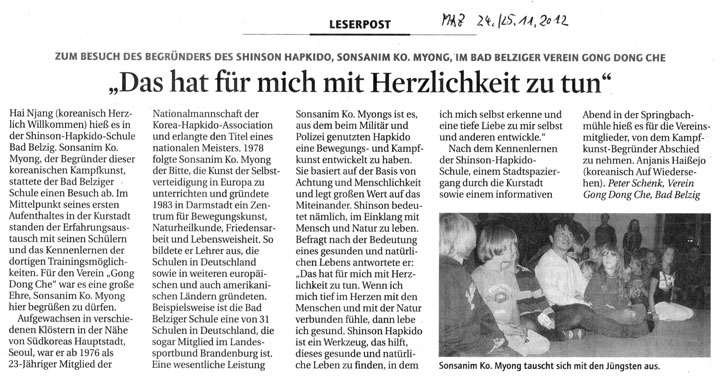  November 2012, Besuch des Begründers des Shinson Hapkido Sonsanim Ko.Myong im Dojang Bad Belzig